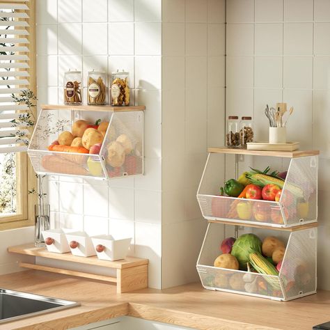 3 Pack Fruit Basket for Kitchen, Stackable Fruit Bowl for Potato and Onion Storage, Wall Mounted Wire Basket with Wood Lid for Fruit and Vegetable Storage, Hanging Pantry Storage Snack Organizer - Walmart.com Kitchen Storage For Potatoes And Onions, Fruit Rack Kitchen, Cute Food Storage, Counter Storage For Vegetables, Vegetable Counter Storage, Vegetable Holder For Kitchen, Small Kitchen Fruit Storage, Fruit Kitchen Storage, Breakfast Storage Ideas