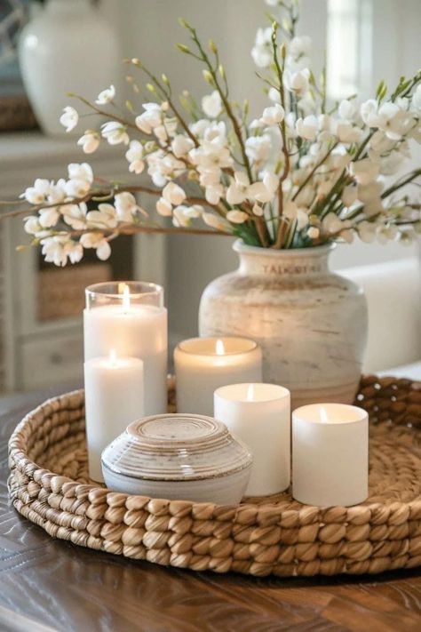 Dining Table Candle Centerpiece Everyday, Table Centrepiece Ideas Home, Table Centre Pieces Home, Candle Tray Decor Living Rooms, Dining Room Table Tray Decor, Circle Tray Decor Bathroom, Candle Arrangements Tray, Dining Room Table Basket Centerpiece, Classy Table Decor