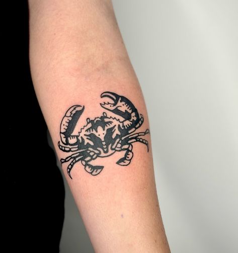 Crab tattoo by @bemtattoos 🦀 Want your own blackwork piece by Emily? Reach out to her directly: ✖️ @bemtattoos ✖️ @hammersmith_tattoo_london #tattoo #crabtattoo #blackworktattoo #hammersmithtattoo #londontattoo #hammersmith #tattoolondon #london Crab Neck Tattoo, Crab Tattoo Blackwork, Neo Traditional Crab Tattoo, Crab Tattoo Traditional, Crab Tattoo Men, Traditional Crab Tattoo, Crab Tattoo For Women, Tattoo Crab, Crab Tattoos