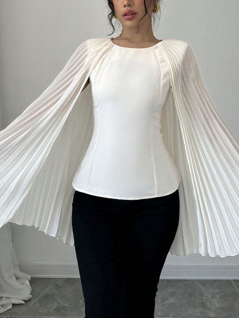 Women Casual Pleated Poncho Shawl Collared Blouse Apricot Elegant  Sleeveless Woven Fabric Plain Top Non-Stretch  Women Clothing, size features are:Bust: ,Length: ,Sleeve Length: White Summer Shirt, Poncho Shawl, Collared Blouse, Blouse Casual, Plain Tops, Solid Color Shirt, Women Blouses, Collar Blouse, Sleeves (women)