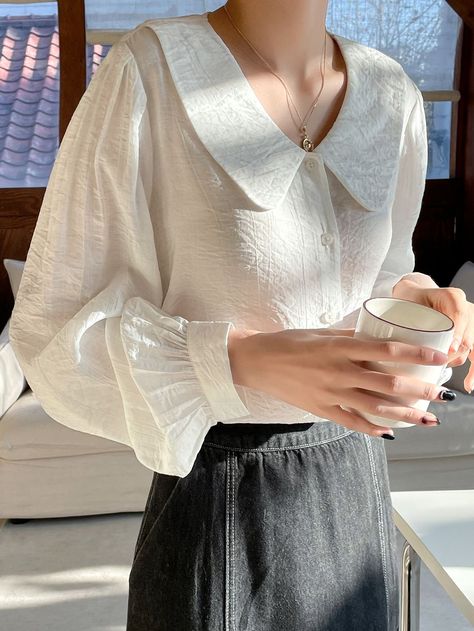 Formal Tops For Women Classy, Blouses For Women Casual Classy, Fashion Tops Blouse Style, Women Blouses Fashion Classy, Collar Blouse Outfit, Formal Tops For Women, Blouse Outfit Casual, Blouse Korea, Bishop Sleeve Blouse