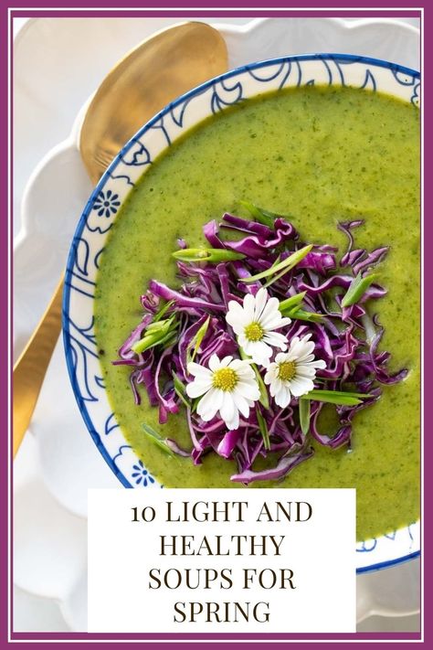 Ten light and healthy soups to welcome spring! These delicious recipes are packed full of veggies and full of flavor. #spring #healthysoups #bestsouprecipes via @cafesucrefarine Spring Soup Recipes Healthy, 2023 Meals, Spring Soup Recipes, Mediterranean Soup, Carrot And Coriander Soup, Spring Soups, Spring Lunch, Roasted Cauliflower Soup, Light Soups