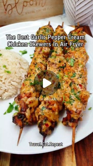 Khadija Siddiqui on Instagram: "The Best Garlic Pepper Cream Chicken Skewers In Air - Ramadan Recipes (Recipe -21)

💥My 3 air fryer E-books are linked in my linktree ❤✌

Ingredients and steps :

500g boneless chicken 
1 tsp dried basil
1 tsp dried thyme
1 tsp garlic granules 
1 tsp onion granules 
1 tsp paprika 
1 tsp black pepper 
1 tsp salt
2 tbsp oil
2 tbsp thick Greek yogurt
Mix everything.Marinate the chicken for an hour or overnight in the fridge. Make skewers once marinated.
Place the skewers in the basket. Air fry at 180ºC for 20 minutes. Flip after 20 minutes. Air fry for another 7-8 minutes.

For the sauce:
Take 2 tbsp oil or butter 
Stir fry 1 tbsp minced garlic 
Add 1 tsp red chilli flakes 
1 tsp black pepper 
1 tsp dried thyme 
1 tsp paprika
Half cup heavy cream
Cook for 2-3 Kabob Air Fryer, Greek Chicken Skewers Air Fryer, Airfry Recipes, Greek Chicken Skewers, New Air Fryer Recipes, Cream Chicken, Dried Basil, Airfryer Recipes, Dried Thyme