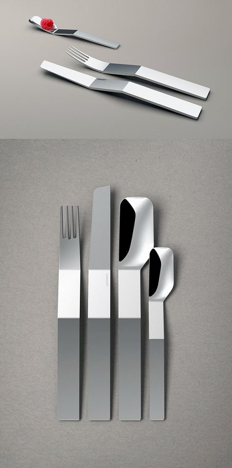 This clever cutlery collection goes to show that flatware doesn’t always have to mirror the same mundane shape. This contemporary interpretation is not only different and just as pleasant to use, its flat, folded profile also makes each piece nestable with the next! Human Body Shape, Flatware Design, Cutlery Design, Serve Ware, Serving Drinks, Can Organizer, Lifestyle Products, Yanko Design, Garden Set