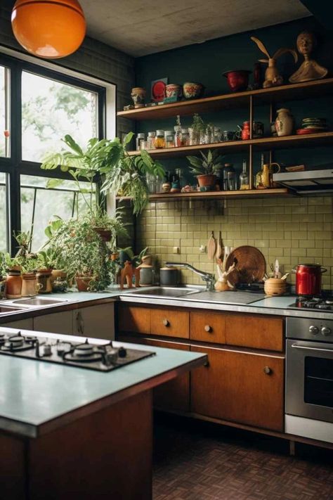 Wood Kitchen Inspirations, Kitchen Design Craftsman, Orange Kitchen Countertops, Mid Century Apartment Kitchen, Kitchen Inspo Brown Cabinets, Eclectic Japanese Interior, Kitchen Ideas No Window, Orange Kitchen Aesthetic, Boho Mid Century Kitchen