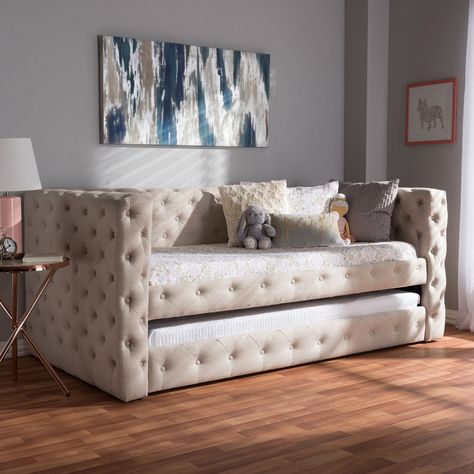 Baxton Studio Janie Classic and Contemporary Fabric Upholstered Daybed with Trundle Light Beige Daybed In Living Room, Twin Daybed With Trundle, Contemporary Light, Upholstered Daybed, Daybed With Trundle, Perfect Bedroom, Contemporary Fabric, Contemporary Bed, Baxton Studio