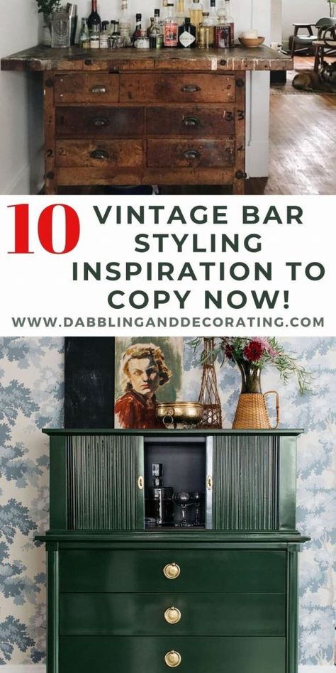 Vintage Bar Dresser, Vintage Bar Cabinet Styling, Antique Furniture Turned Into Bar, Bar Cart Nook Ideas, Bar Area In Living Room Ideas, Bar Display Ideas Home, Masculine Home Bar, Dresser As A Bar, Vintage Buffet With Mirror