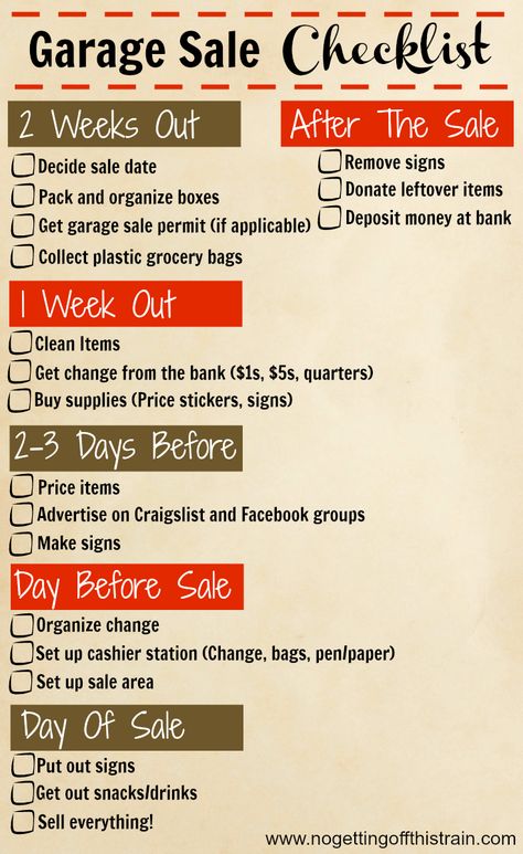 Here's a handy timeline checklist of what to do before, during, and after your garage sale! Click to read 24 tips for a more successful garage sale. www.nogettingoffthistrain.com Yardsale Ideas, Yard Sale Pricing Guide, Yard Sale Ideas, Successful Garage Sale, Yard Sale Hacks, Yard Sale Organization, Garage Sale Organization, Garage Sale Tips, Yard Sale Signs