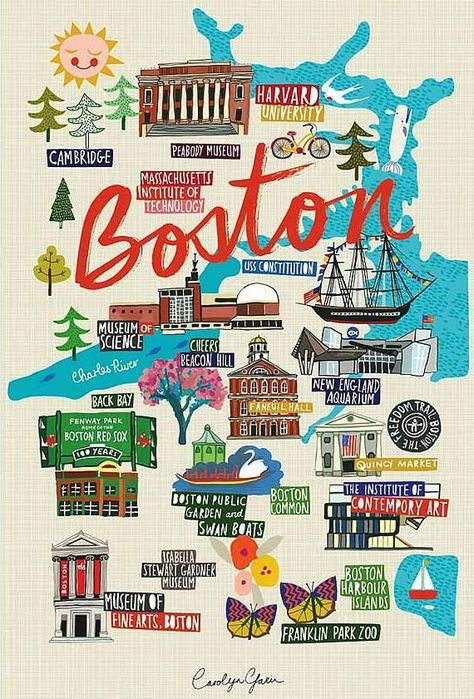 Boston Map Illustration, Boston America, Salem Massachusetts Travel, Massachusetts Aesthetic, Boston Travel Guide, Boston Trip, Carolyn Gavin, Boston Map, Boston Vacation