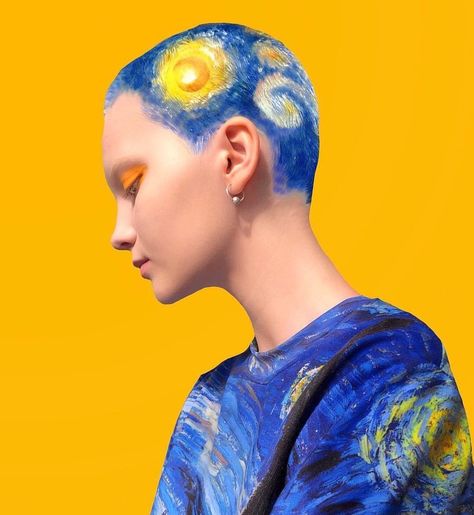 Starry Night Vincent van Gogh inspired Hair Color Buzzcut, Bald Drawings, Dyed Hair Short Men, Color Buzzcut, Water Druid, Weirdo Aesthetic, Fashion Hair Color, Shaved Head Designs, Painted Fashion