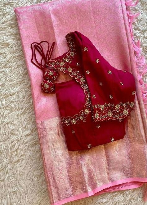 Pattu Saree Blouse Stitching Designs, Red Blouse Maggam Work Designs Simple, Simple Gold Blouse Designs, Simple Work Blouses For Pattu Sarees, Silk Saree Aari Work Blouse Designs, Pattu Saree Blouse Work, Pink Pattu Saree Contrast Blouse, Pattu Blouse Maggam Work, All Over Maggam Work Designs