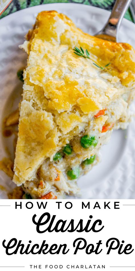 Classic Homemade Chicken Pot Pie Recipe from The Food Charlatan. The BEST recipe for Chicken Pot Pie! Carrots, peas, and rotisserie chicken (or use leftover turkey from Thanksgiving!) come together in a deliciously flavorful gravy. All wrapped up in a buttery, flaky chicken pot pie crust! If you've only tried frozen pot pies from the store...please, I'm begging you, make this. It comes together faster than you think and makes an amazing, comforting Sunday dinner. Add a salad and dinner is done! Classic Chicken Pot Pie Recipe, Chicken Pot Pie Crust, Classic Chicken Pot Pie, Casserole Chicken, Homemade Chicken Pot Pie, Chicken Pot Pie Recipe, Pasta Chicken, Pot Pie Recipe, Recipes Mexican