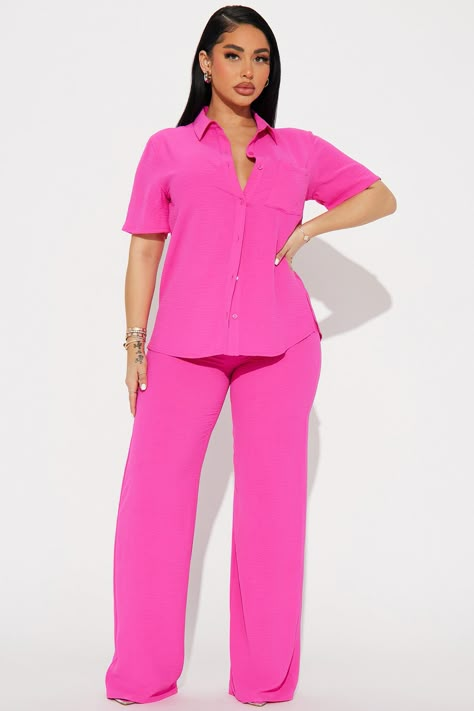 Available In Hot Pink, Turquoise, Orange, And Oatmeal. Pant Set Shirt Collar Short Sleeve Button Up Front Pocket Wide Leg Pant Partial Elastic Waistband Non Stretch 33" Inseam 100% Polyester Imported California Proposition 65 WARNING: Cancer and Reproductive Harm - www.P65Warnings.ca.gov. | Makenzie Short Sleeve Pant Set in Hot Pink size Small by Fashion Nova Pink 2 Piece Outfit, B Day Dress, Hot Pink Fashion, Flattering Pants, Pink Two Piece, 2 Piece Outfit, Kids Fashion Dress, Maternity Outfits, Wide Leg Pant