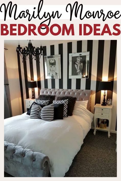 Marilyn Monroe is so iconic that her glitz, glam, and elegance has captured a lot of people. And if you are one of those people who love her iconic essence and is wanting to design your bedroom with her being your inspiration, then this list is for you. ( 25 Marilyn Monroe Bedroom Ideas to Keep You Smiling ) #MarilynMonroe #vintagestyle #bedroomideas #homedecor Black Room With White Furniture, Black And White Striped Wall Bedroom, Black And White Stripe Bedroom, Black And White Stripe Wall, Black Striped Wall, Striped Walls Bedroom, Black And White Striped Wall, Marilyn Monroe Bedroom, Striped Bedroom