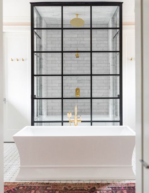 The House So Bold and Full of Pattern, You Have to See It to Believe It | The Everygirl Tub In Front Of Shower Wall, Open Showers, Large Open Kitchens, Marble Wall Tiles, Wooden Bath, Bathroom Farmhouse Style, Amber Interiors, Free Standing Bath Tub, Free Standing Tub