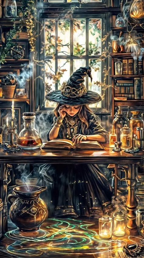 Mystical Witch Reading Spellbook in Enchanted Apothecary, Glowing Potions and Candlelight for a Magical Halloween Vibe stock illustration Magical School, Witchy Women, Magical Halloween, Magical Paintings, Witch Room, Cottage Witch, Abstract Animal Art, Witch Stuff, Magical Home