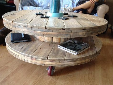 Spool Coffee Table Industrial Wheels Rustic Shelf by OneUpCycled, $275.00 Spool Coffee Table, Spool Diy, Wood Spool Tables, Wire Spool Tables, Cable Spool Furniture, Wooden Spool Tables, Cable Spool Tables, Wooden Cable Spools, Wooden Spool Projects