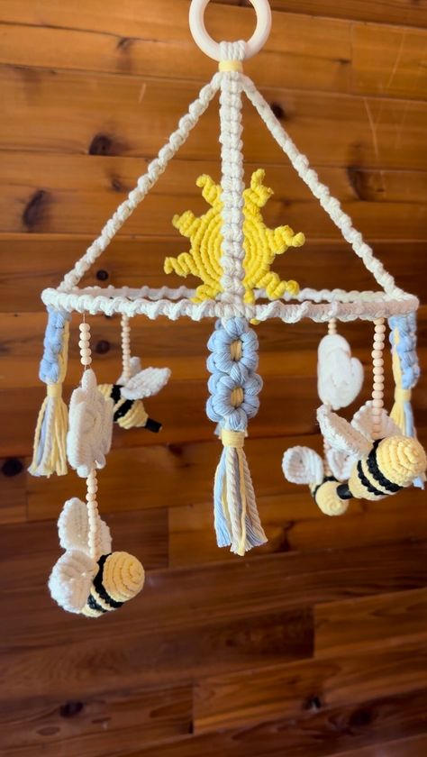 Custom Baby Crib Mobile Macramé Mobile Chandelier Real - Etsy Bee Mobile Diy, Macrame Toys, Macrame Stuffed Animal, Crochet Crib Mobile, Crochet Nursery Mobile Free Pattern, Macrame Baby Toys, Macrame Crib Mobile Diy, Macrame Baby Mobile, Baby Nook