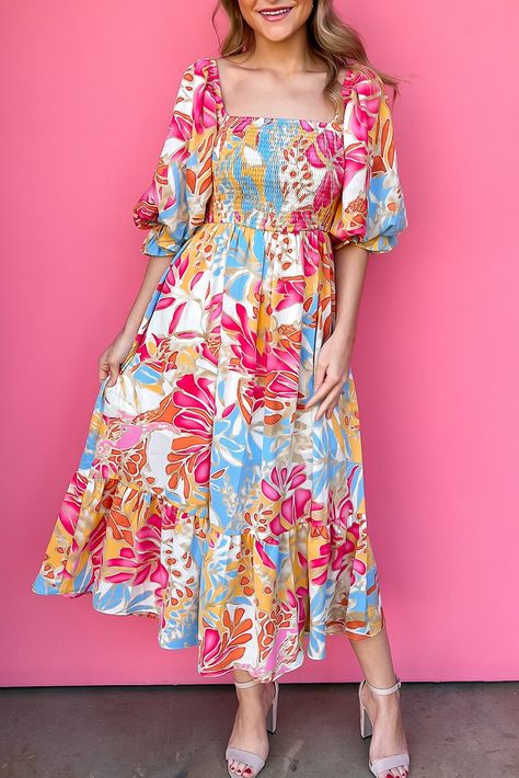 $12.96 Rose Red Tropical Print Smocked Bodice Puff Sleeve Maxi Dress Wholesale Puff Sleeve Maxi Dress, Tropical Print Maxi Dress, Tropical Floral Pattern, Sleeve Maxi Dress, Tropical Pattern, Floral Dresses, Maxi Dress With Sleeves, Printed Maxi, Tropical Print