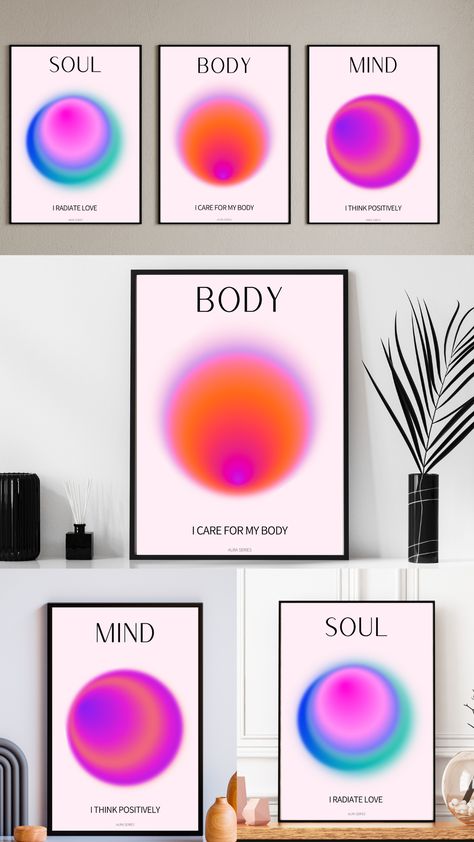 Instant Download Vibrant gradient Wall Art Set of 3, featuring titles: Body, Mind and Soul and affirmations 'I radiate love', I care for my body' and 'I think positively' Aura Posters Taurus, Aura Mind Body Soul, Mind Body Soul Aura Poster, Mind Body Soul Aura, Zodiac Aura Poster, Soul Poster, Y2k Poster, Vibrant Gradient, Body Mind Soul