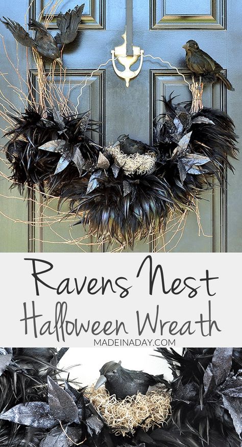 Ravens Nest Halloween Wreath, crows nest, crow wreath, #halloween, Feather wreath, hoop wreath, birds nest wreath, Halloween, Halloween decorations #crow #raven #spooky #nest #birds #feather #halloweenwreath #halloween Halloween Feather Wreath, Crow Wreath, Victorian Halloween, Crows Nest, Feather Wreath, Diy Halloween Wreath, Wreath Halloween, Halloween Pins, Birds Nest