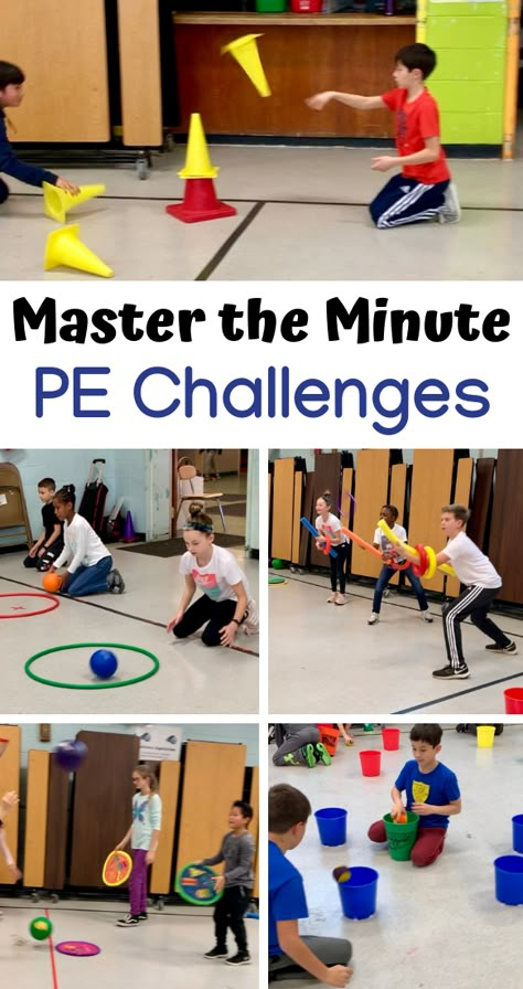 Minute to Win It Challenges - PE teacher Lindsay Karp shares these challenges that are fun, team orientated, and focused on a variety of skills.These are great for any health, wellness, and fitness related units. #physed Gym Class For Homeschool, Tossing Games For Kids, Phy Ed Games For Kindergarten, Pe Station Ideas, Adaptive Pe Activities Wheelchair, Pe Group Games, Indoor Pe Activities For Kids, Fun Active Games For Kids, Fun Gym Games For Kids