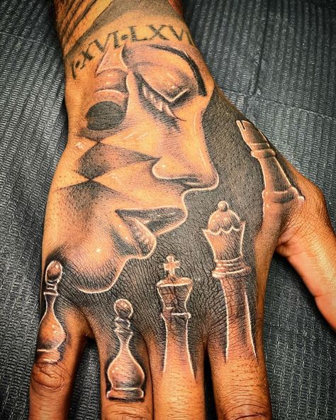 Chess Hand Tattoo, Chess Piece Hand Tattoo, Chess Tattoo King Queen, Chess King Tattoo, Chess Piece King Tattoo, King Crown Hand Tattoo, Men Hand Tattoos Ideas Unique, Play For Keeps Tattoo, King Tattoo Men