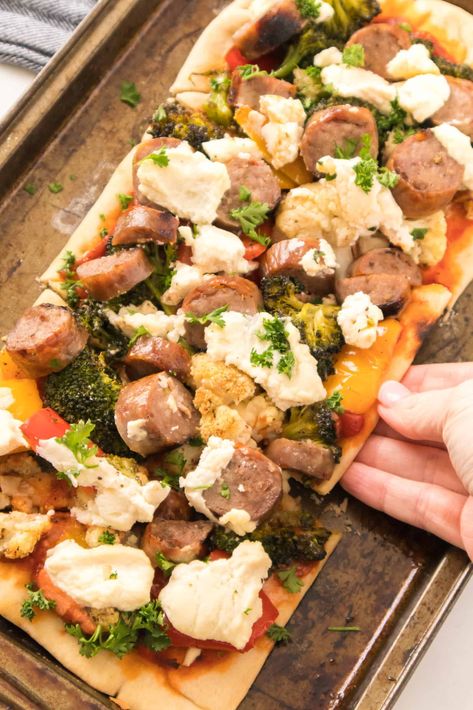 Flatbread Sausage Pizza - Making Frugal FUN Sausage Flatbread, Sausage Ravioli, Chicken Cordon Bleu Pasta, Chicken Flatbread Pizza, Bbq Chicken Flatbread, Sheet Pan Sausage, Chicken Flatbread, Sausage Pizza, Stuffed Jalapenos With Bacon