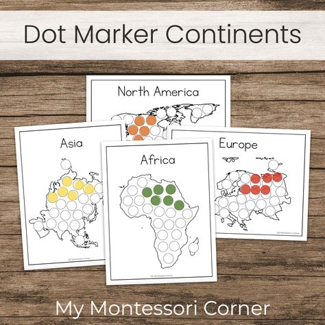 These simple world continent dot marker worksheets make a great fine motor complement to your preschool or kindergarten geography studies. You can use bingo daubers in the traditional Montessori colors to further reinforce your Montessori continent lessons. This set includes 8 continent pages: Africa, Antarctica, Asia, Australia, Europe, North America, South America, and Oceania (with the same image as Australia). What you will receive: - One PDF file, size 8.5 by 11 inches - 8 dot marker worksheets with the continents labeled ------------------------------------------------- You may also be interested in these World Continents shadow matching cards: https://www.etsy.com/listing/1393829501/ Or you may like my world continent lacing cards: https://www.etsy.com/listing/1387287416/ ---------- Montessori Geography Activities, South America Preschool, Kindergarten Geography, Geography Printables, World Continents, Continents Activities, Montessori Geography, Montessori Color, Continents And Oceans