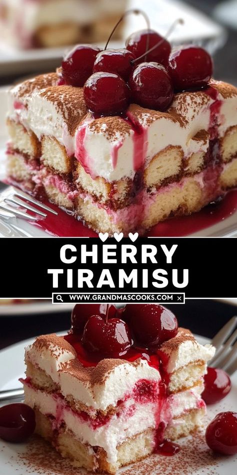 Treat yourself to this irresistible Cherry Amaretto Tiramisu. Sweet, plump cherries paired with a hint of amaretto create the perfect balance of flavor in this decadent, creamy dessert. Fruity Tiramisu, Cherry Tiramisu, Amaretto Tiramisu, Tiramisu Pudding, Traditional Tiramisu, Roll Desserts, Cinnamon Roll Desserts, Cherry Amaretto, Easy Tiramisu Recipe