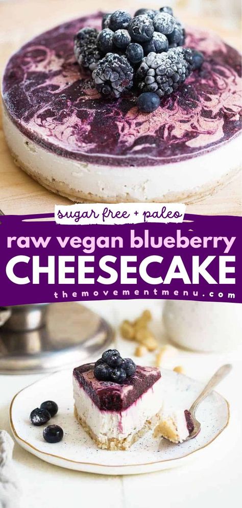 Your Thanksgiving sweet treats must have this no-bake, raw vegan cheesecake! It's also refined sugar-free and paleo. So creamy and delicious, this fresh blueberry cheesecake is the BEST. Complete your Christmas desserts with this holiday recipe, too! Fresh Blueberry Cheesecake, Vegan Blueberry Cheesecake, Mixed Berry Dessert, Raw Vegan Cheesecake, Cheesecake Bars Easy, Blueberry Cheesecake Recipe, Thanksgiving Sweet Treats, Menu Recipes, Blueberry Topping