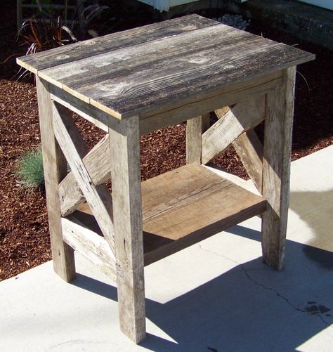 Wood Headboards, Barnwood Projects, Barn Table, Barnwood Table, Making A Bench, Porch Table, Rustic Bookcase, Rustic End Tables, Farmhouse End Tables