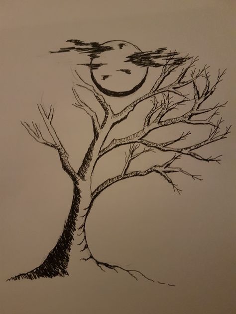 Tree with moon Moon And Stars Drawing Pencil, Halloween Moon Drawing, Moon And Tree Tattoo, Gothic Sketches, Dracula Drawing, Painting Idea For Beginners, Hole Drawing, Moon Star Tattoo, Art Ethereal