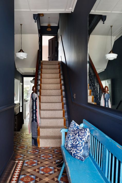 Dark Blue Hallway, Edwardian Hallway, Blue Hallway, Victorian Hallway, Hallway Colours, Tiled Hallway, Dark Blue Walls, Hallway Inspiration, Edwardian House