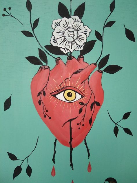 Sacred Heart With Eye, Sketching Styles, Anatomical Heart Art, Sacred Heart Art, Acrylic Painting On Wood, Art Hippie, Wood For Sale, Heart Illustration, Art Heart