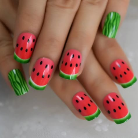 24 Acrylic Press On Nails In Watermelon Fruit Begin With Clean Hands And Nails That Are Dry. Push Cuticles Back If Necessary. Buff Natural Nails With Nail File. Choose Correct Sizes For Each Finger And Lay Out For Quick And Easy Pick Up You Can Also Buff The Inside Of Each Press On Nail For Extra Staying Power. Apply Glue And Press Down And Hold For 20 Seconds Each Nail Watermelon Nail, Watermelon Nail Art, Watermelon Nails, Short Press On Nails, Nails For Kids, Art Summer, Nail Sizes, Nails Designs, Nail Kit