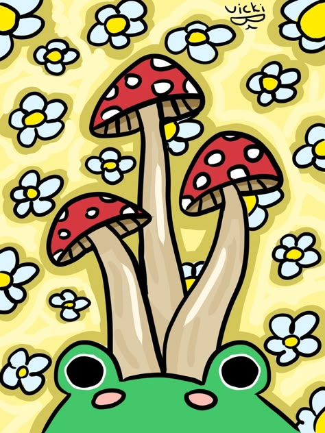 Mushroom Cute Painting, Cute Mushrooms Painting, Funky Mushroom Painting, Posca Mushroom, Mushroom Frog Painting, Mushroom Illustration Trippy, Frog And Mushroom Drawing, Mushroom Frog Drawing, Mashrooms Drawing Indie Easy