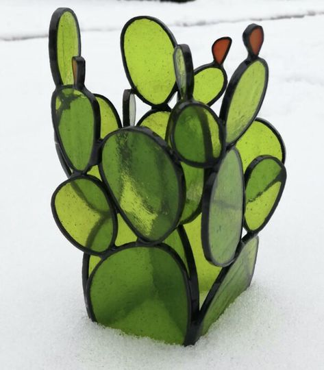 Stained Glass Cactus In Pot, Cactus Stained Glass Patterns, Glass Succulents, Stained Glass Cactus, Cactus In Pot, Glass Cactus, Stained Glass Pieces, Planter Garden, Diy Planter