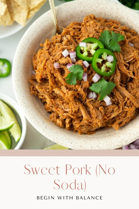 Bowl of Sweet Pork garnished with diced red onion, sliced jalapeños, and cilantro. Cafe Rio Pulled Pork Recipe, Costa Vida Sweet Pork Recipe, Cafe Rio Pulled Pork, Cafe Rio Sweet Pork Recipe, Postpartum Freezer Meals, Cafe Rio Pork, Sweet Pork Recipe, No Soda, Pork Crock