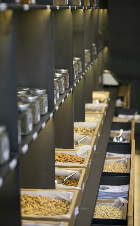 Nuts for all preferences! Nut Shop Design, Nuts Store Design, Nut Store Design, Nuts Shop Design Ideas, Nut Store, Small Shop Design, Bulk Store, Frozen Yogurt Shop, Industrial Office Design