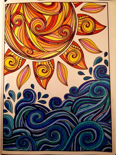 Okir Design, Color Wheel Drawing, Cool And Warm Color Painting, Sun Mandala Drawing, Colourful Drawing, Colored Pencil Art Easy Ideas, Abstract Sun Drawing, Warm And Cool Color Art Projects, Sunset Zentangle