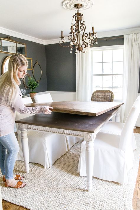 A tutorial for how to build a retrofitted table top to fit over any existing table using Minwax Dark Walnut stain. #build #furniturebuilding #tabletop #diningtable #diytable #farmhousetable #diyfurniture #woodworking #furnituremakeover #tablemakeover #minwax #woodstain #walnut Table Top Redo, Farmhouse Table Top, Dining Table Redo, Home Decorating Diy, Diy Esstisch, Dining Room Table Makeover, Table Top Covers, Diy Dining Room Table, Dining Table Makeover