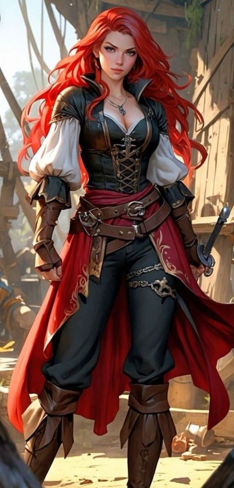 Pirate Woman Drawing, Pirate Female Art, Rogue Dnd Character Design, Red Head Character Design, Pirate Girl Art, Female Pirate Character Design, Redhead Pirate, Female Pirate Art, Pirate Character Design