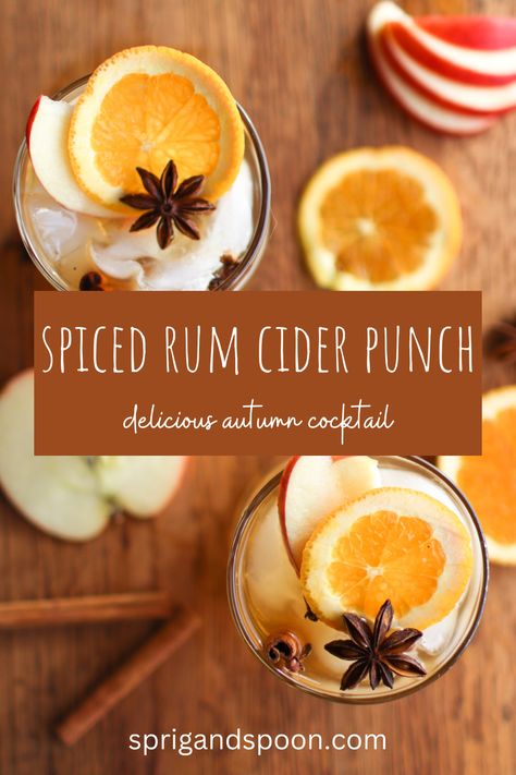 This spiced rum cider punch is an ideal cocktail for fall! Celebrate the season with a delightful and festive beverage crafted from spiced rum, apple cider, fresh fruits, and aromatic spices. Whether it’s for fall get-togethers, Thanksgiving celebrations, or laid-back happy hours, this delicious punch is sure to be a hit with everyone! Spiced Rum Punch Recipes, Spiced Rum Apple Cider, Spiced Apple Cider Cocktail, Apple Cider Rum Cocktail, Halloween Cider, Spiced Rum Drinks, Spiced Rum Cocktails, Brown Sugar Simple Syrup, Apple Cider Punch