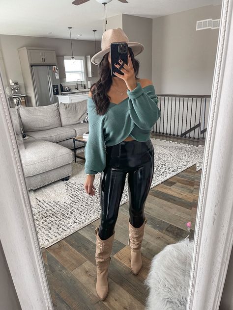 Leather Leggings And Boots Outfit, Leggings And Boots Outfit, Patent Leather Leggings Outfit, Wrap Sweater Outfit, Off The Shoulder Sweater Outfit, Sweater And Leggings Outfit, Shoulder Sweater Outfit, Faux Leather Leggings Outfit, Western Boots Outfit