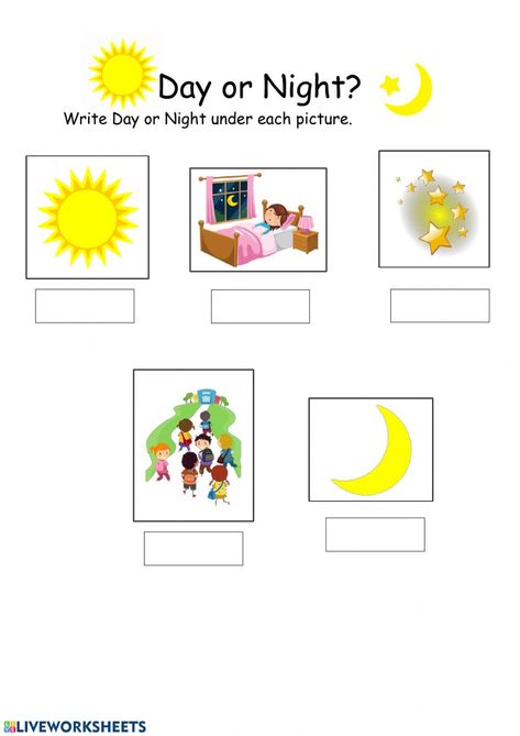 Day and Night interactive worksheet for kindergarten. You can do the exercises online or download the worksheet as pdf. Night Exercise, Learning Pyramid, States Of Matter Worksheet, Worksheet Kindergarten, Winter Crafts Preschool, English Worksheets For Kindergarten, Kids Worksheets Preschool, The Worksheet, Force And Motion