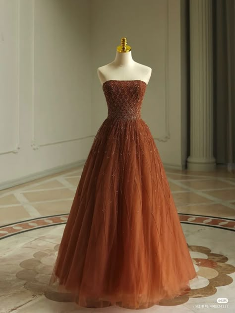 Red Dress Yule Ball, Orange Gown Aesthetic, Copper Prom Dress, Dress Birthday Party, A Line Prom Dress, Prom Dress Inspo, Royal Dresses, Prom Dress Inspiration, Dress Birthday