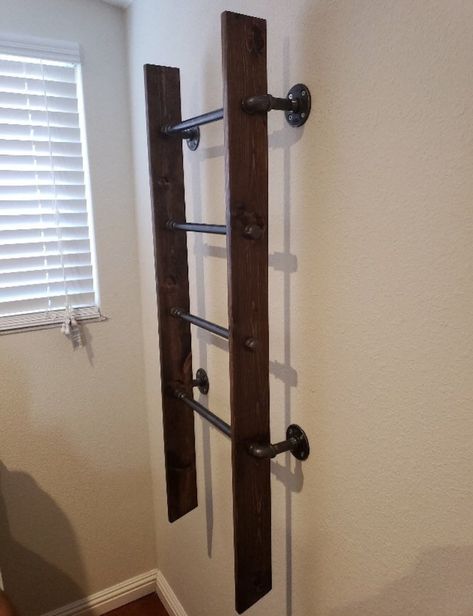 Rustic Industrial Pipe Wall Mount Blanket Ladder Wood Quilt - Etsy Blanket Holder Office, Wall Mounted Blanket Rack Plans, Jumbo Clothespin Blanket Holder, Wall Ladder Shelf, Hanging Blanket Ladder, Ladder On Wall, Blanket Ladder Ideas, Motel Ideas, Wood Blanket Ladder