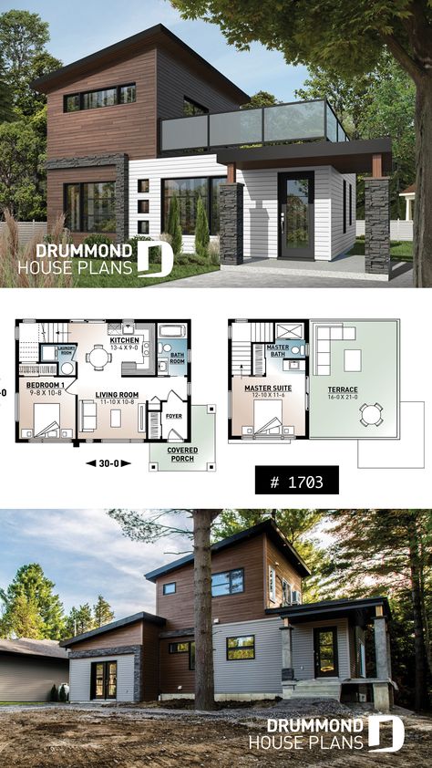 2-storey 2 bedroom small and tiny Modern house with deck on 2nd floor, affordable building costs Tiny Modern House, House With Deck, Home Designs Exterior, Drummond House Plans, Modern House Floor Plans, Basement House Plans, Building Costs, Small Modern Home, Exterior Bloxburg