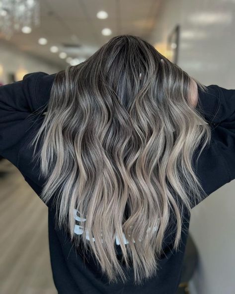 Medium Hair Length Balayage, Dark Brown To Ashy Blonde Balayage, Black Hair With Icy Blonde Highlights, Ashy Brown And Blonde Balayage, Dark Brown And Ash Blonde Balayage, Fall Hair Dark Roots, Fall Hair Colors Brown, Dark Brown To Ash Blonde Balayage Ombre, Brown To Platinum Blonde